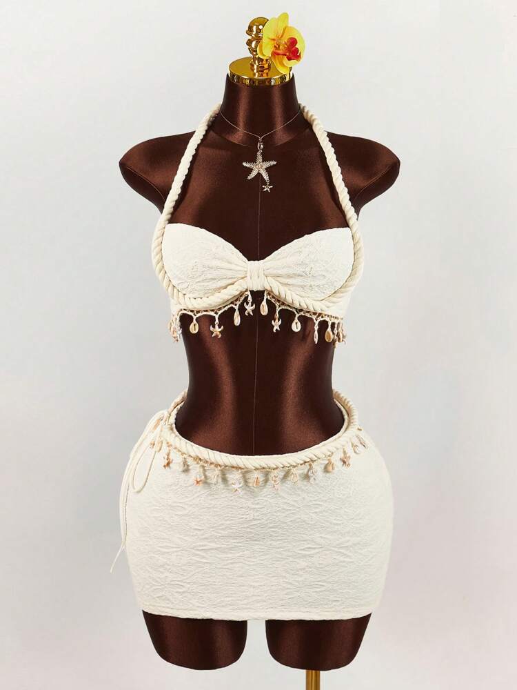 Amplova 2pcs Set: Rope, Starfish & Shell Pendant Decorated Cropped Tank Top And Mini Skirt