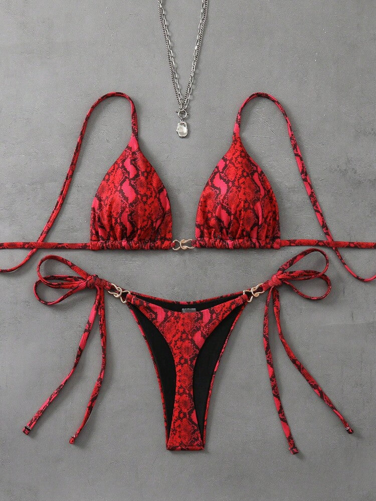 Swim Vcay 2pcs/Set Women Beach Random Floral Print Halter Triangle Bikini Top And Side Tie Bottom Set, Summer