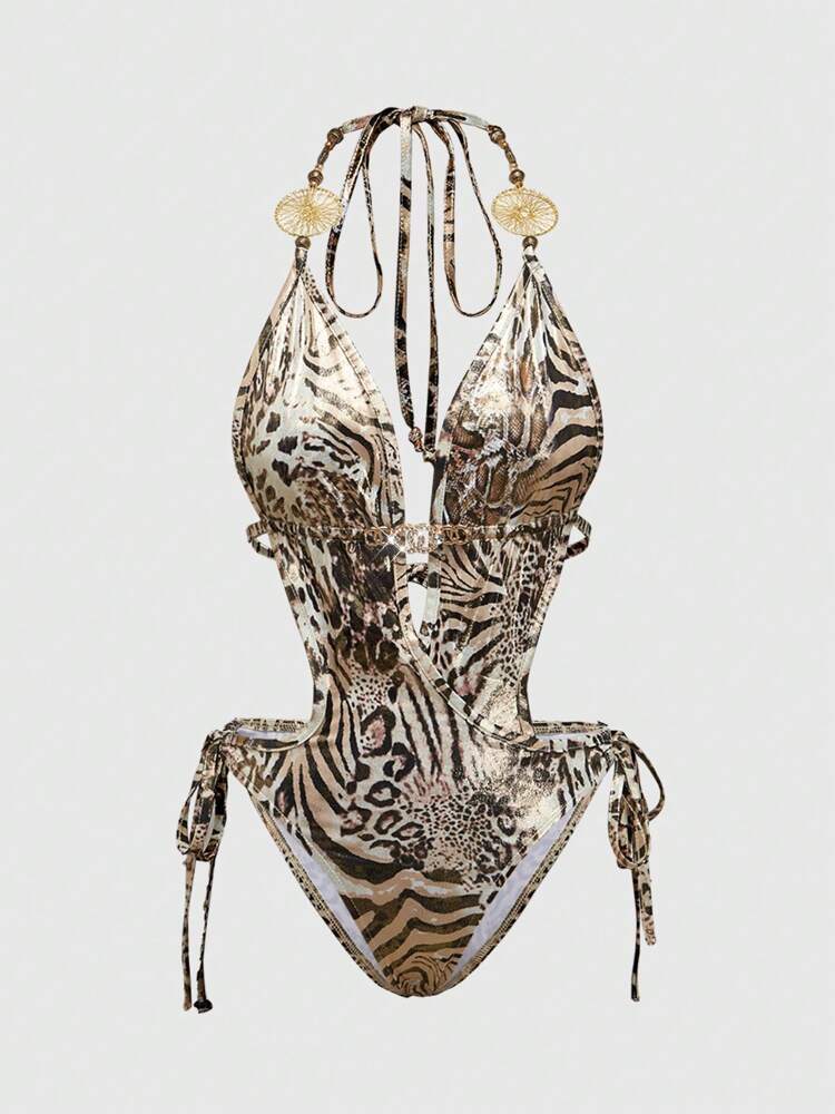 ROMWE Avant Women's Y2K Retro Sexy Leopard Print Metallic Decor Bodysuit