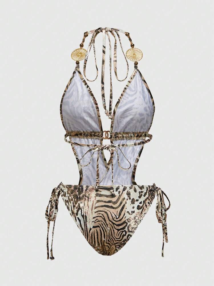 ROMWE Avant Women's Y2K Retro Sexy Leopard Print Metallic Decor Bodysuit