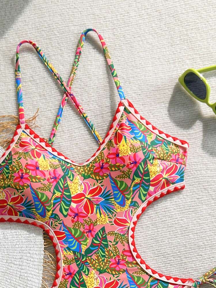 Swim Vcay Women's One-Piece Swimsuit, Floral Printed, Bohemian Style, Fringe Trim Details, Side Cut-Out Design