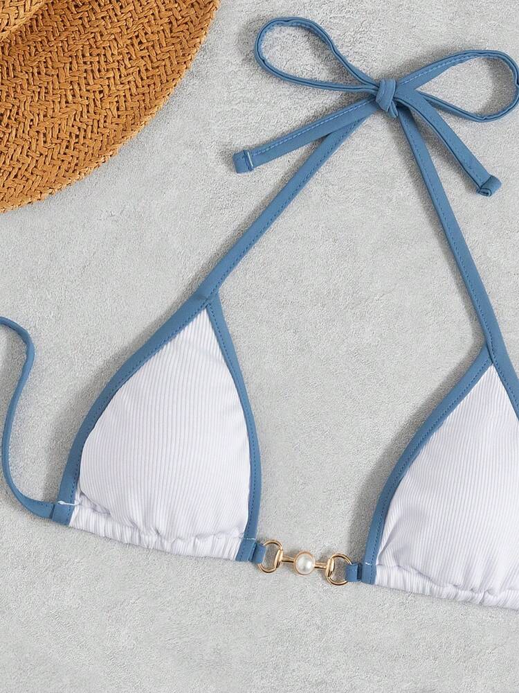 Swim Vcay Swimsuits For Woman Summer Beach Rib Binding Trim Halter Micro Triangle Bikini