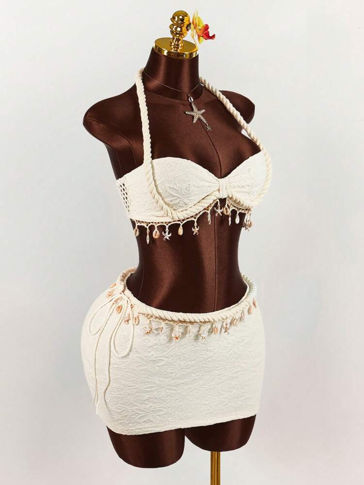 Amplova 2pcs Set: Rope, Starfish & Shell Pendant Decorated Cropped Tank Top And Mini Skirt