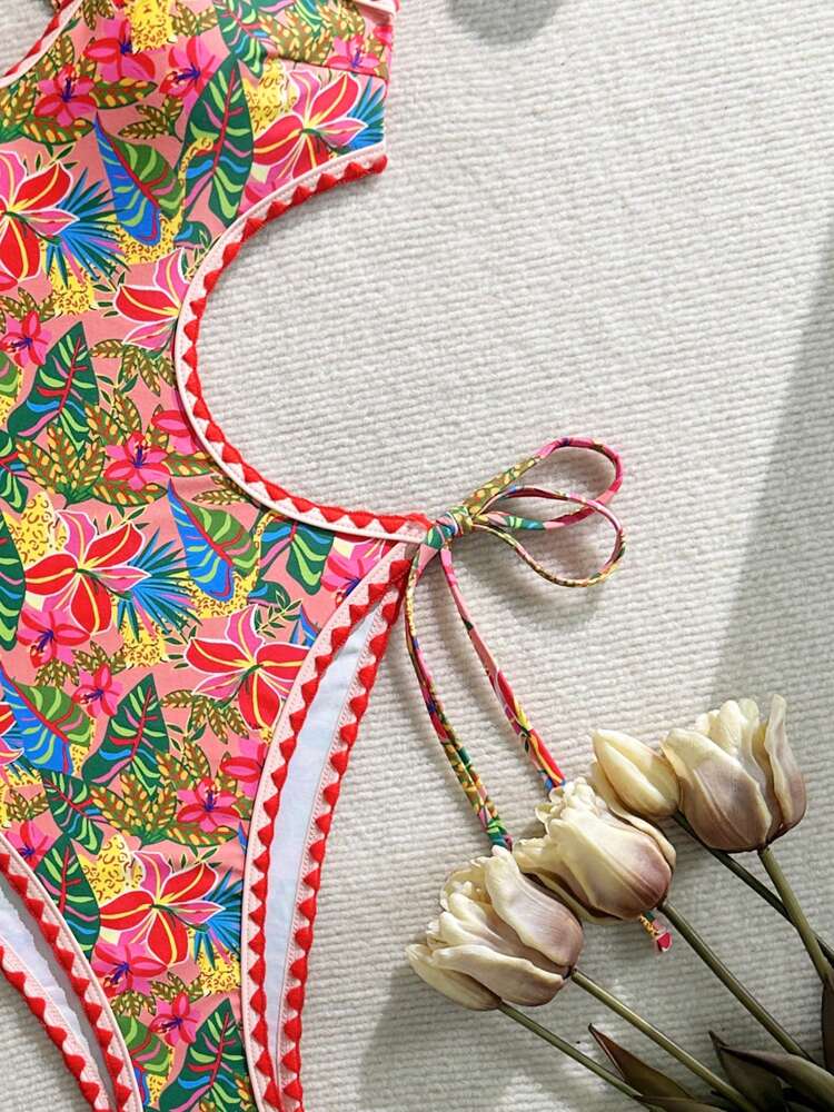 Swim Vcay Women's One-Piece Swimsuit, Floral Printed, Bohemian Style, Fringe Trim Details, Side Cut-Out Design