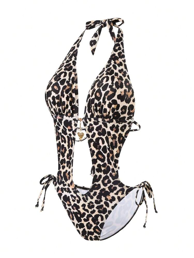 Swim SXY 1pc Women's Tropical Plant Random Print Sexy Fashion One-Piece Swimsuit With Metal Ring Decor, Summer Holiday Beach Wear