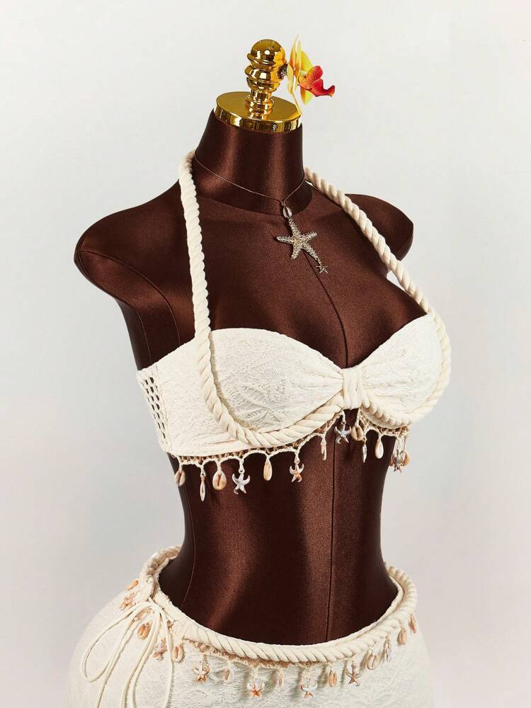 Amplova 2pcs Set: Rope, Starfish & Shell Pendant Decorated Cropped Tank Top And Mini Skirt