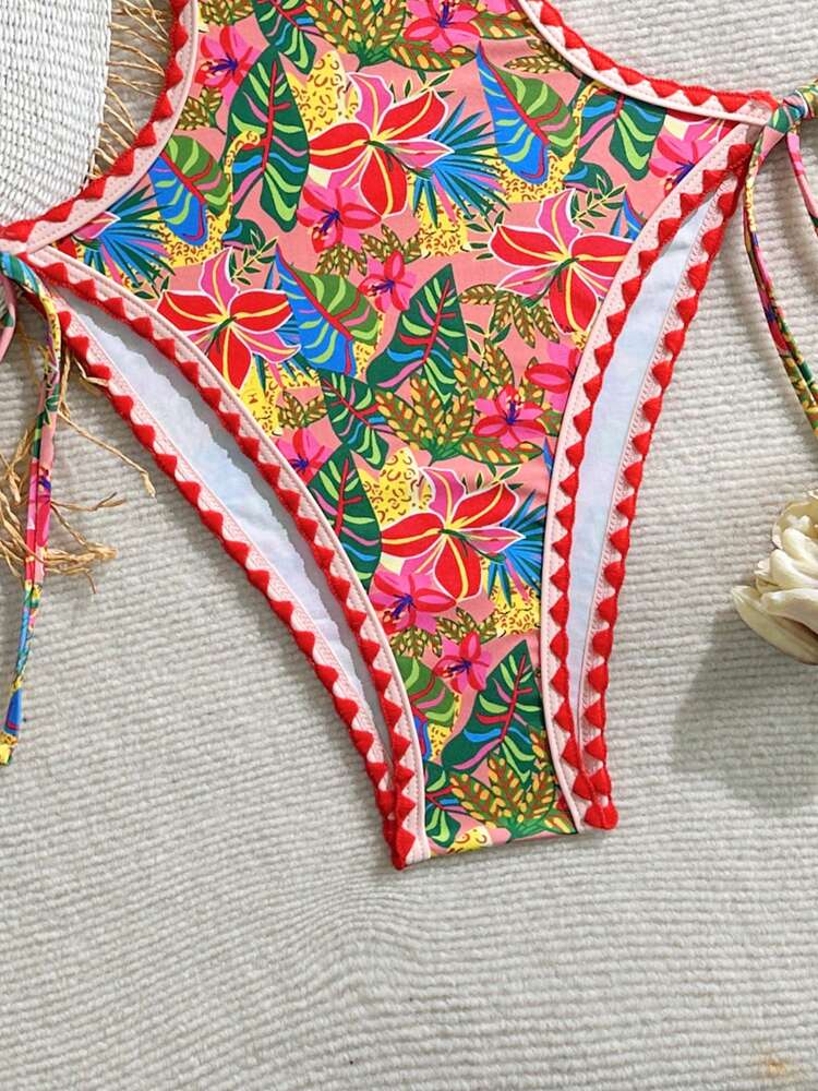 Swim Vcay Women's One-Piece Swimsuit, Floral Printed, Bohemian Style, Fringe Trim Details, Side Cut-Out Design