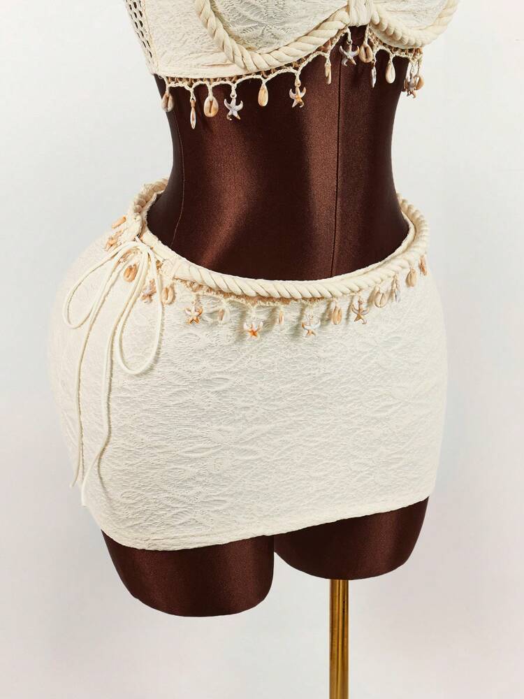 Amplova 2pcs Set: Rope, Starfish & Shell Pendant Decorated Cropped Tank Top And Mini Skirt