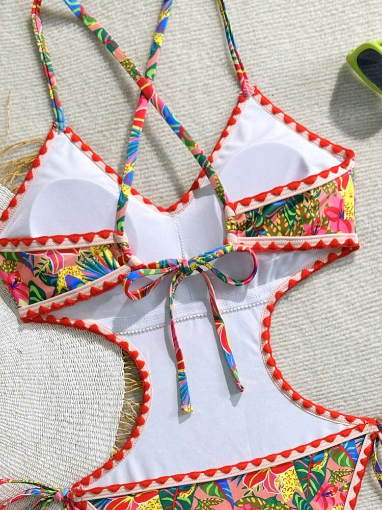 Swim Vcay Women's One-Piece Swimsuit, Floral Printed, Bohemian Style, Fringe Trim Details, Side Cut-Out Design