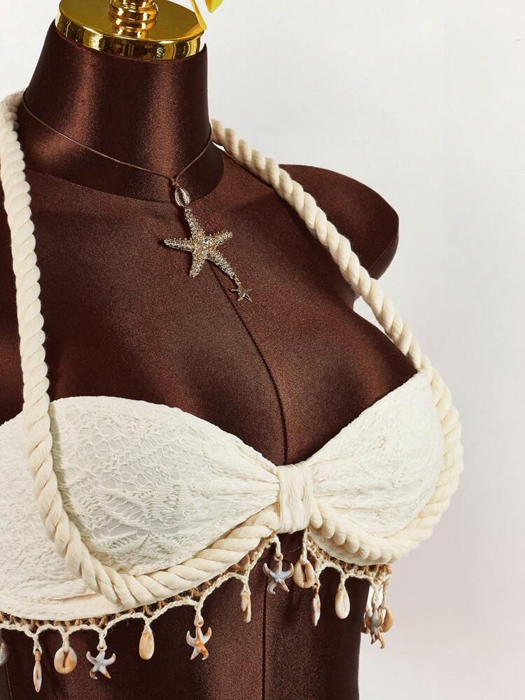 Amplova 2pcs Set: Rope, Starfish & Shell Pendant Decorated Cropped Tank Top And Mini Skirt
